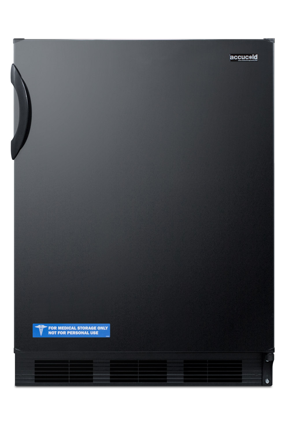 Commercially listed freestanding all-refrigerator for general purpose use, with flat door liner, automatic defrost operation and black exterior